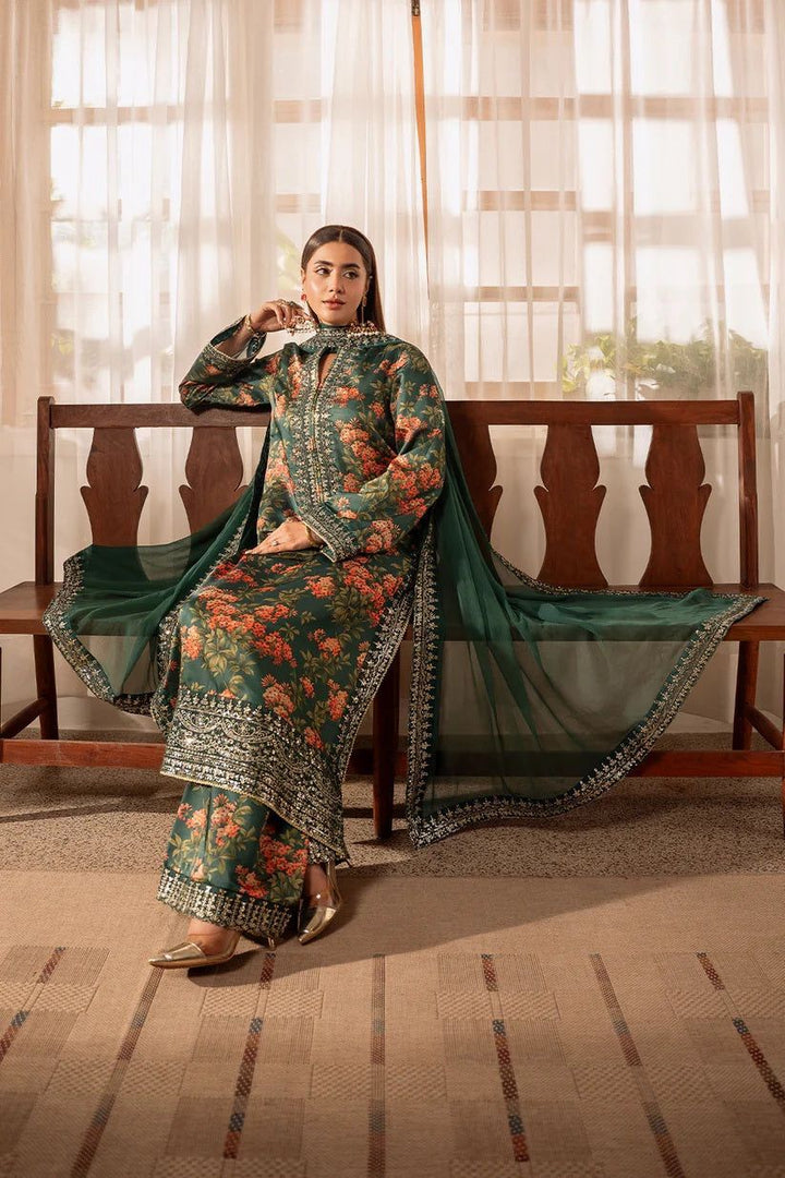 ✨ Luxury Printed Shamoz Silk Heavy Embroidered Suit with Chiffon Dupatta ✨