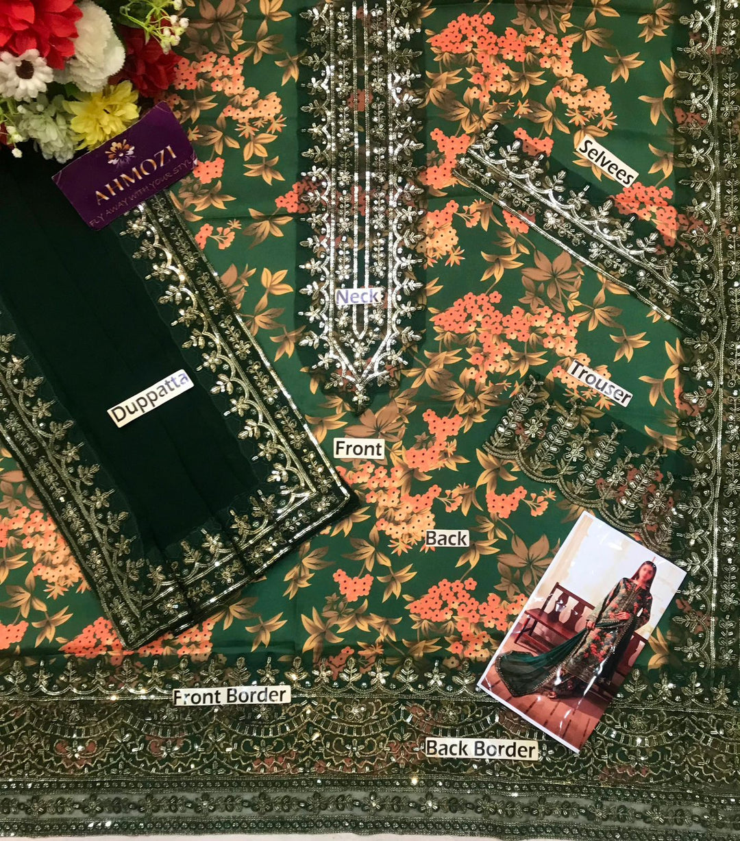 ✨ Luxury Printed Shamoz Silk Heavy Embroidered Suit with Chiffon Dupatta ✨