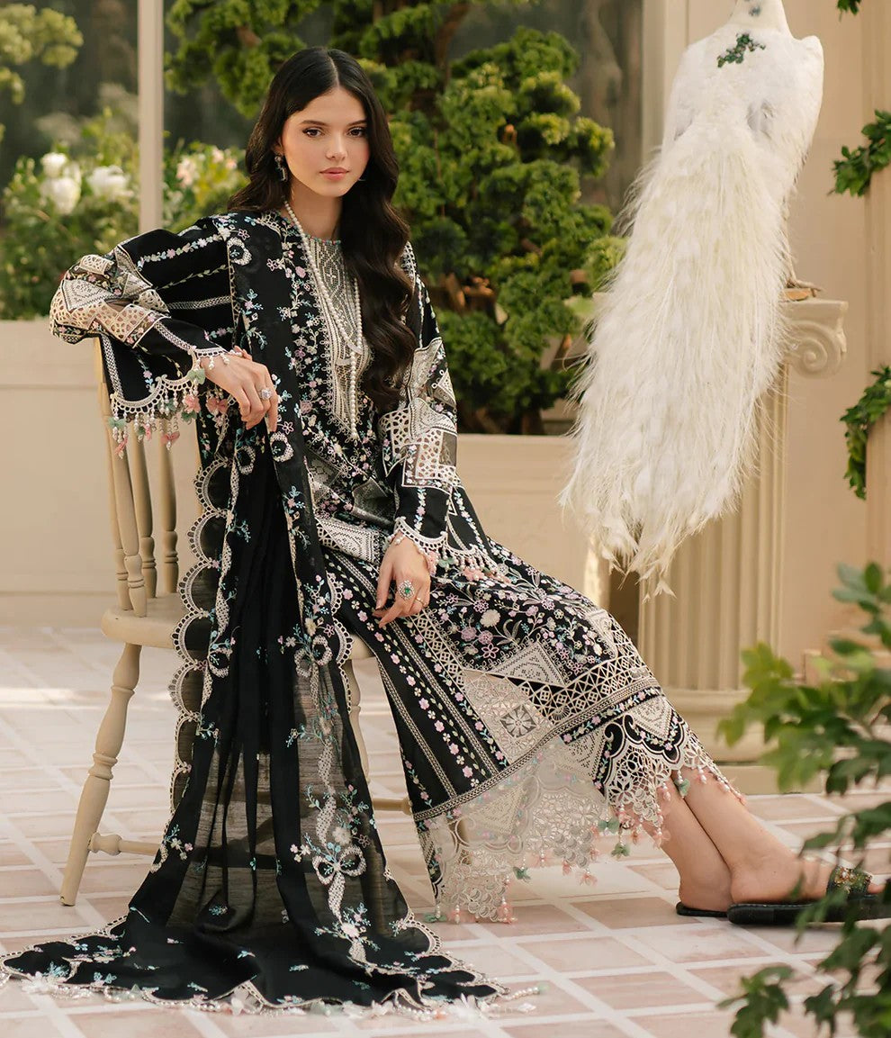 🌸 Designer Bin Ilyas Heavy Embroidered Chikankari Lawn – Black 🌸