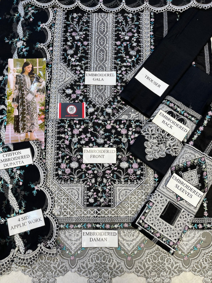 🌸 Designer Bin Ilyas Heavy Embroidered Chikankari Lawn – Black 🌸