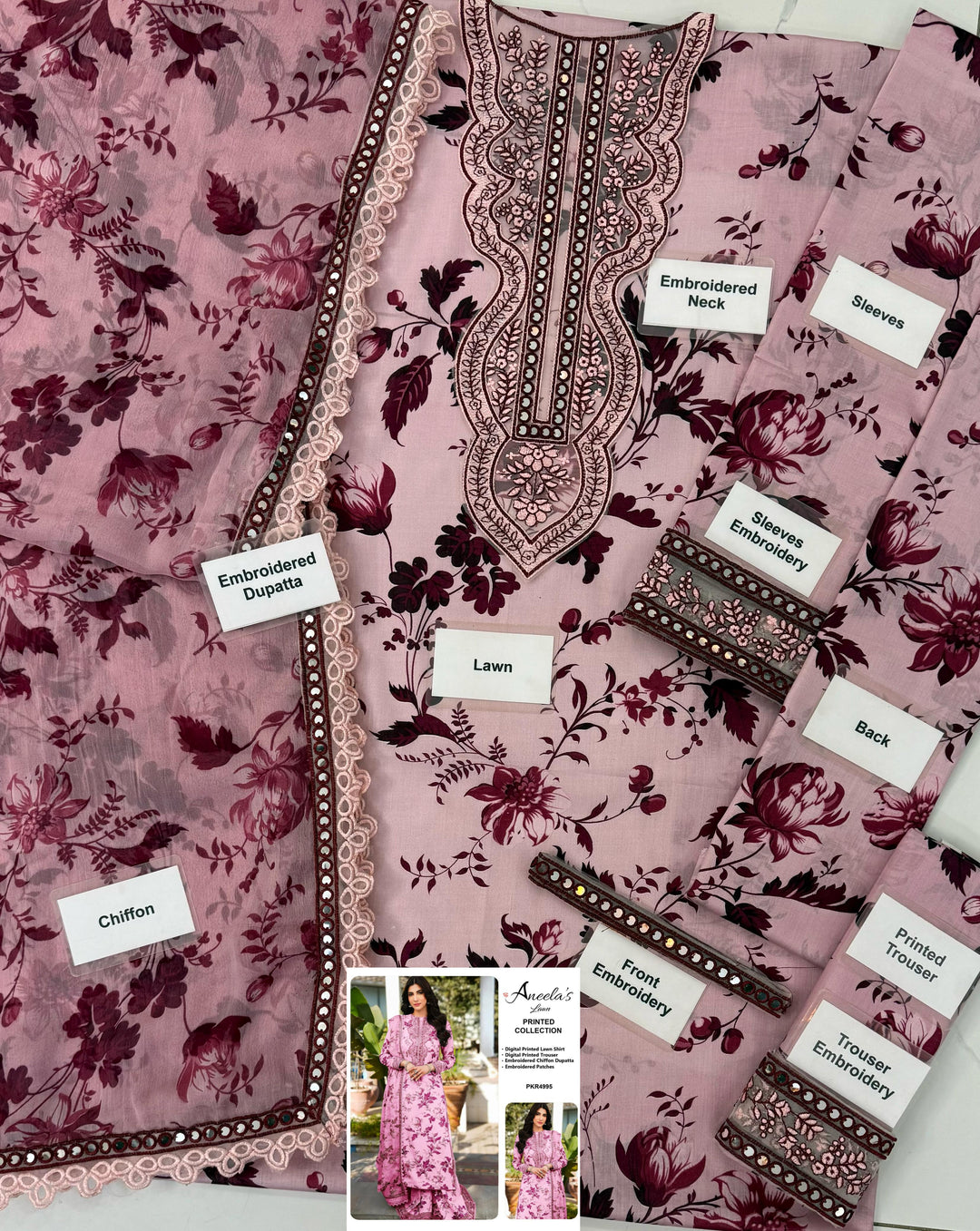 🌸 Soft Pink 9mm Lawn Suit by Aneela’s Collection – Heavy Embroidered Neck & Dupatta 🌸