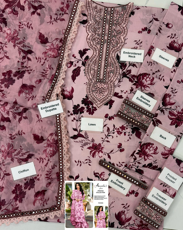 🌸 Soft Pink 9mm Lawn Suit by Aneela’s Collection – Heavy Embroidered Neck & Dupatta 🌸