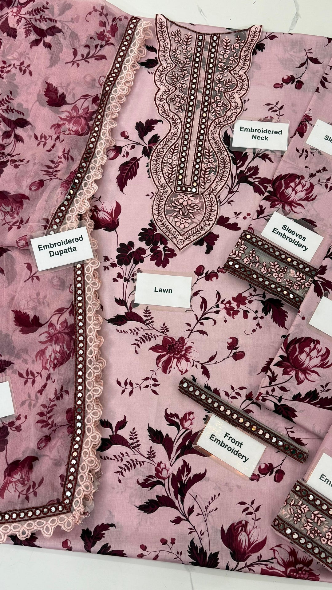 🌸 Soft Pink 9mm Lawn Suit by Aneela’s Collection – Heavy Embroidered Neck & Dupatta 🌸