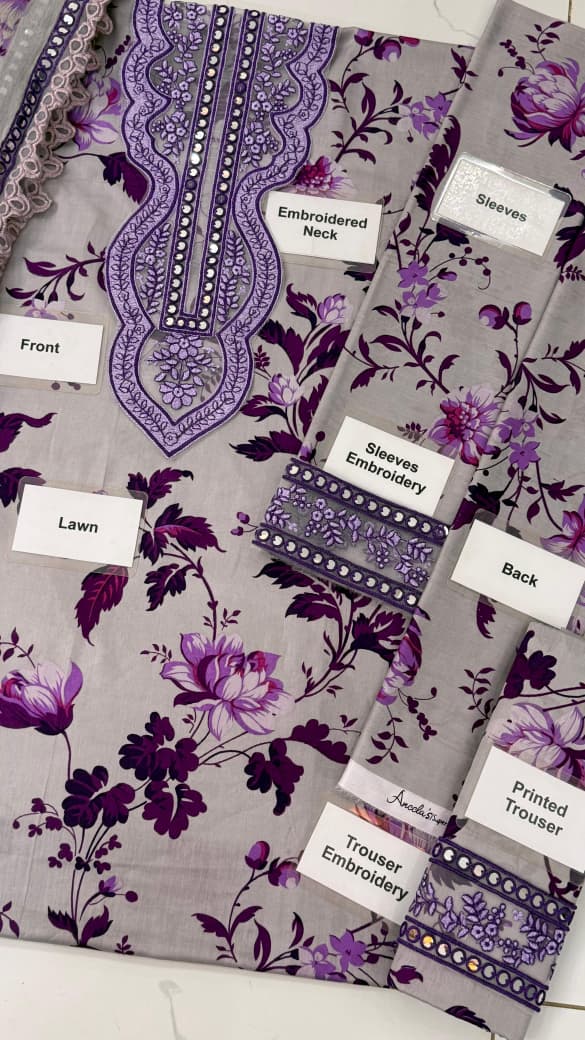 👑 Aneela’s Lawn 3PC Hit Code – Luxury Embroidered & Printed Unstitched Suit 👑