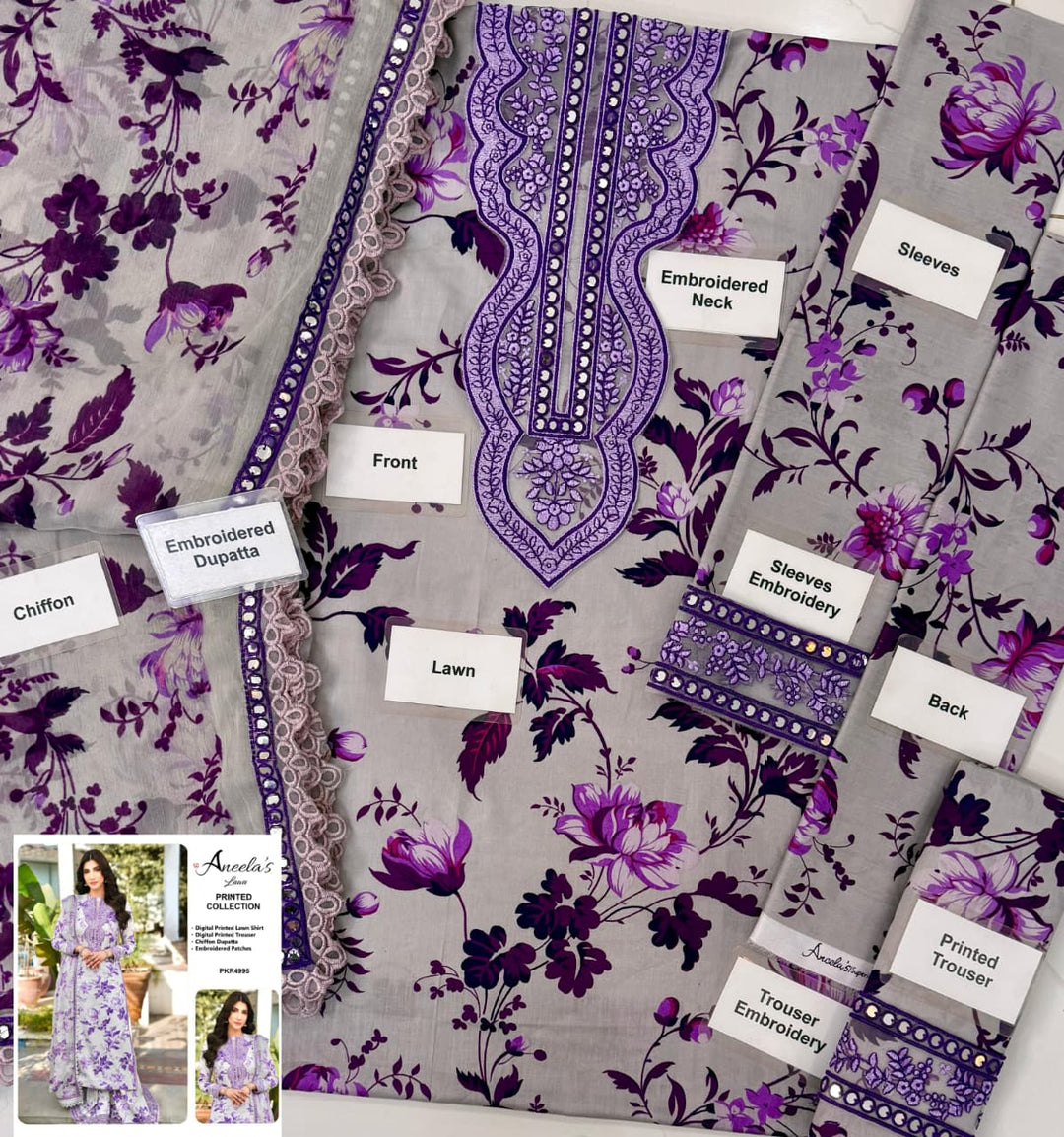👑 Aneela’s Lawn 3PC Hit Code – Luxury Embroidered & Printed Unstitched Suit 👑