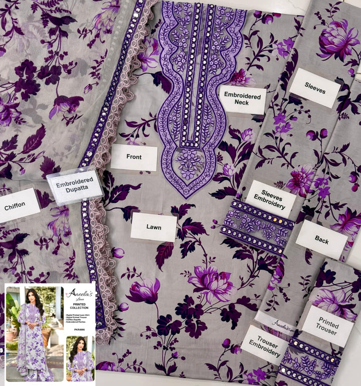 👑 Aneela’s Lawn 3PC Hit Code – Luxury Embroidered & Printed Unstitched Suit 👑