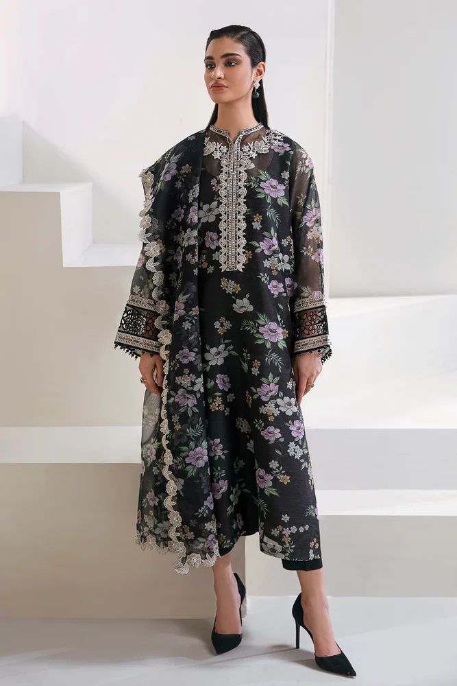 BIG BRANDS | Black Floral Lawn 3-Piece Suit | Silver Embroidery & Stone Work | Chiffon Dupatta