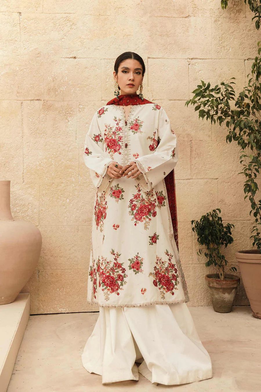 BIG BRANDS | White & Red Floral Lawn 3-Piece Suit | Embroidered Hem & Sequin Work | Printed Dupatta