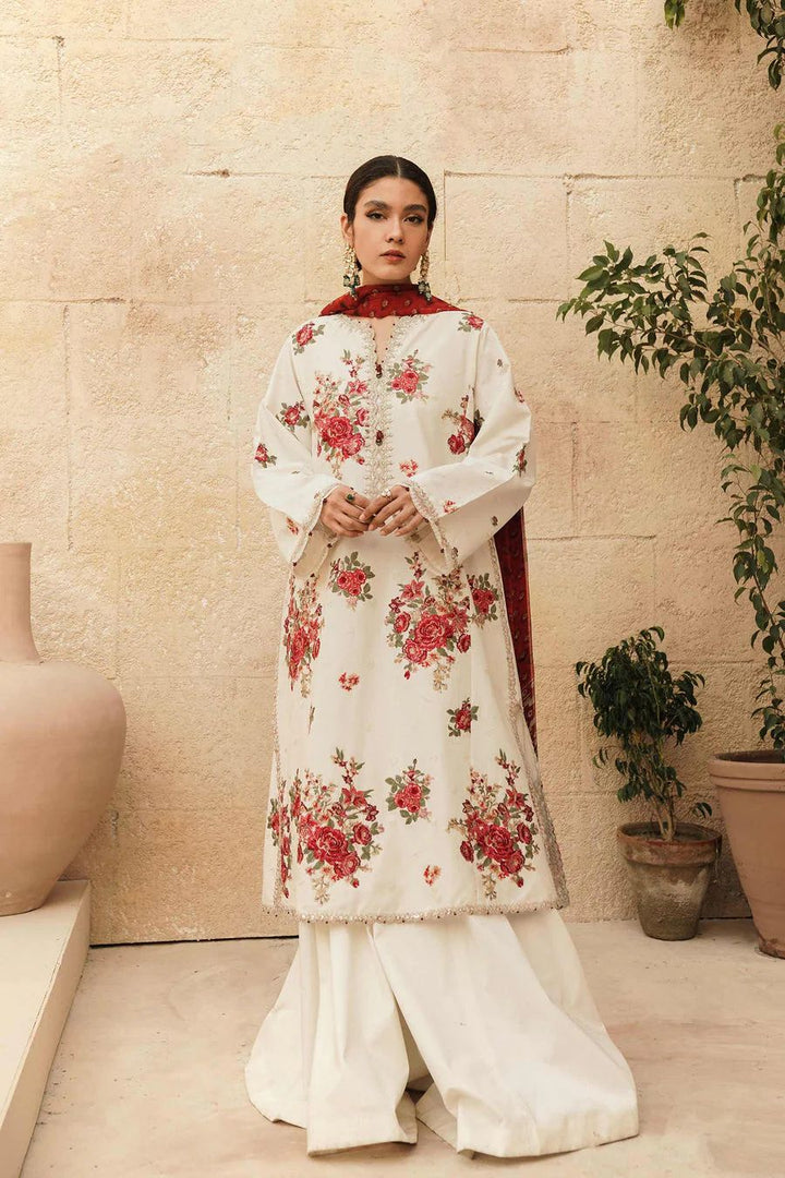 BIG BRANDS | White & Red Floral Lawn 3-Piece Suit | Embroidered Hem & Sequin Work | Printed Dupatta