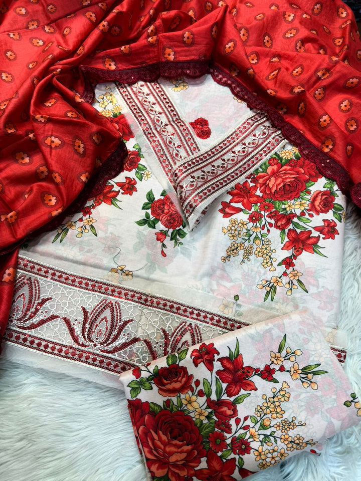 BIG BRANDS | White & Red Floral Lawn 3-Piece Suit | Embroidered Hem & Sequin Work | Printed Dupatta