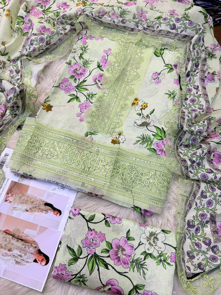 BIG BRANDS | Mint Green Floral Lawn 3-Piece Suit | Self Embroidery & Sequin Work | Printed Dupatta