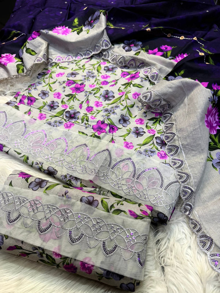 BIG BRANDS | Grey & Purple Floral Lawn 3-Piece Suit | Cutwork Embroidery & Sequin Lace | Printed Dupatta