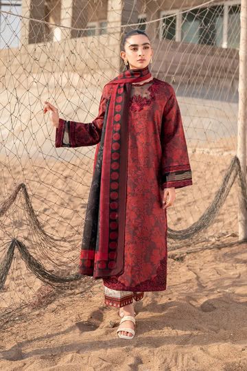 BIG BRANDS | Red & Black Floral Lawn 3-Piece Suit | Organza Embroidery Patches & Sequin Work | Printed Dupatta
