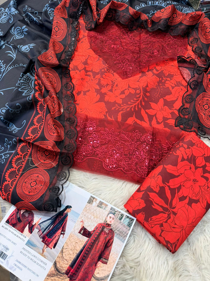 BIG BRANDS | Red & Black Floral Lawn 3-Piece Suit | Organza Embroidery Patches & Sequin Work | Printed Dupatta