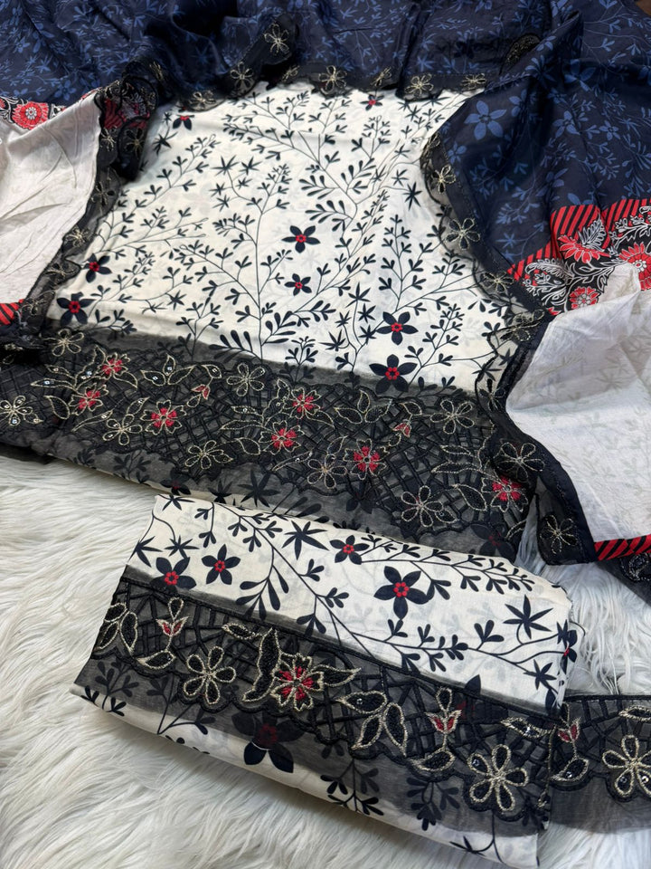 BIG BRANDS | White & Navy Blue Floral Lawn 3-Piece Suit | Black Embroidered Lace & Gold Thread Work | Printed Dupatta