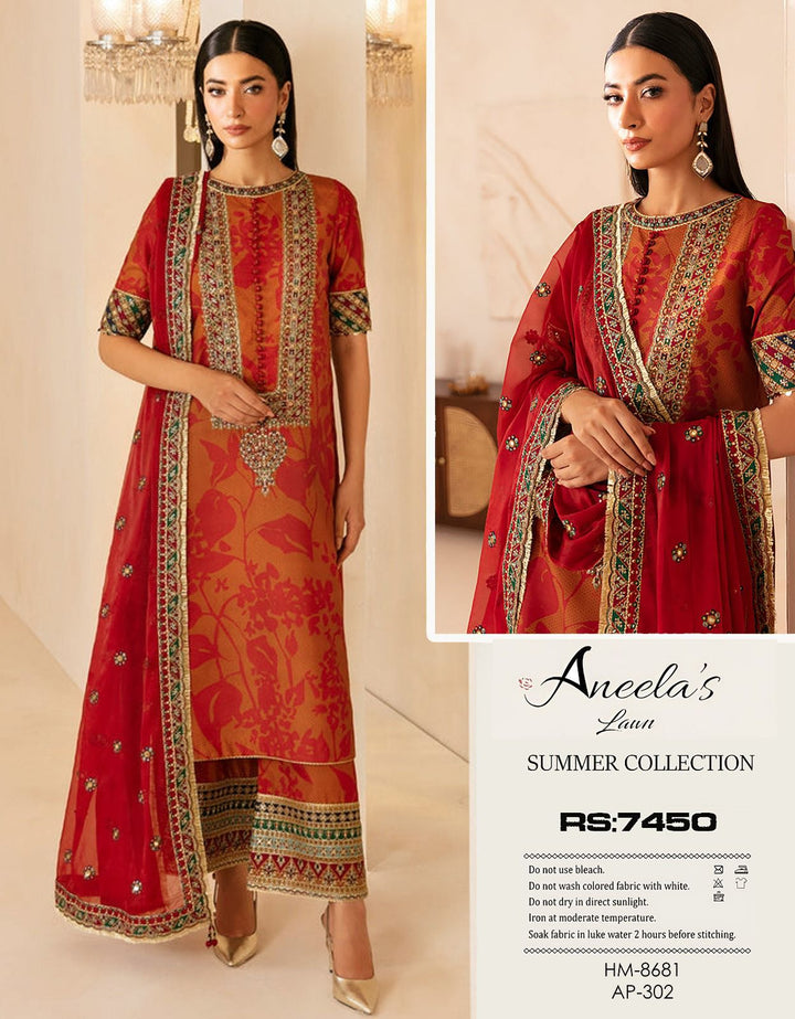 Aneela's Lawn Summer Collection | Rust & Red Floral Embroidered 3-Piece Unstitched Suit 🌺🔥