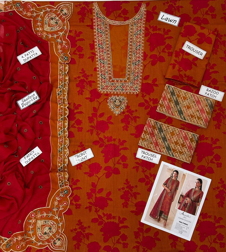 Aneela's Lawn Summer Collection | Rust & Red Floral Embroidered 3-Piece Unstitched Suit 🌺🔥