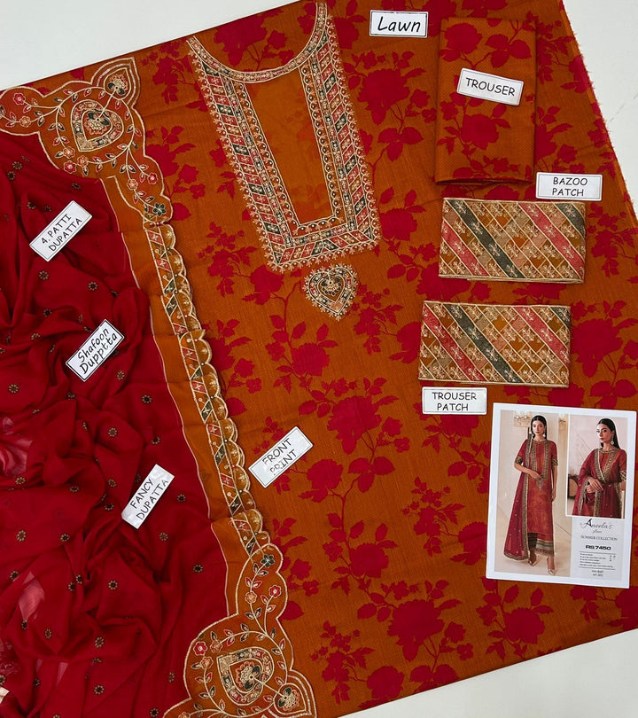 Aneela's Lawn Summer Collection | Rust & Red Floral Embroidered 3-Piece Unstitched Suit 🌺🔥