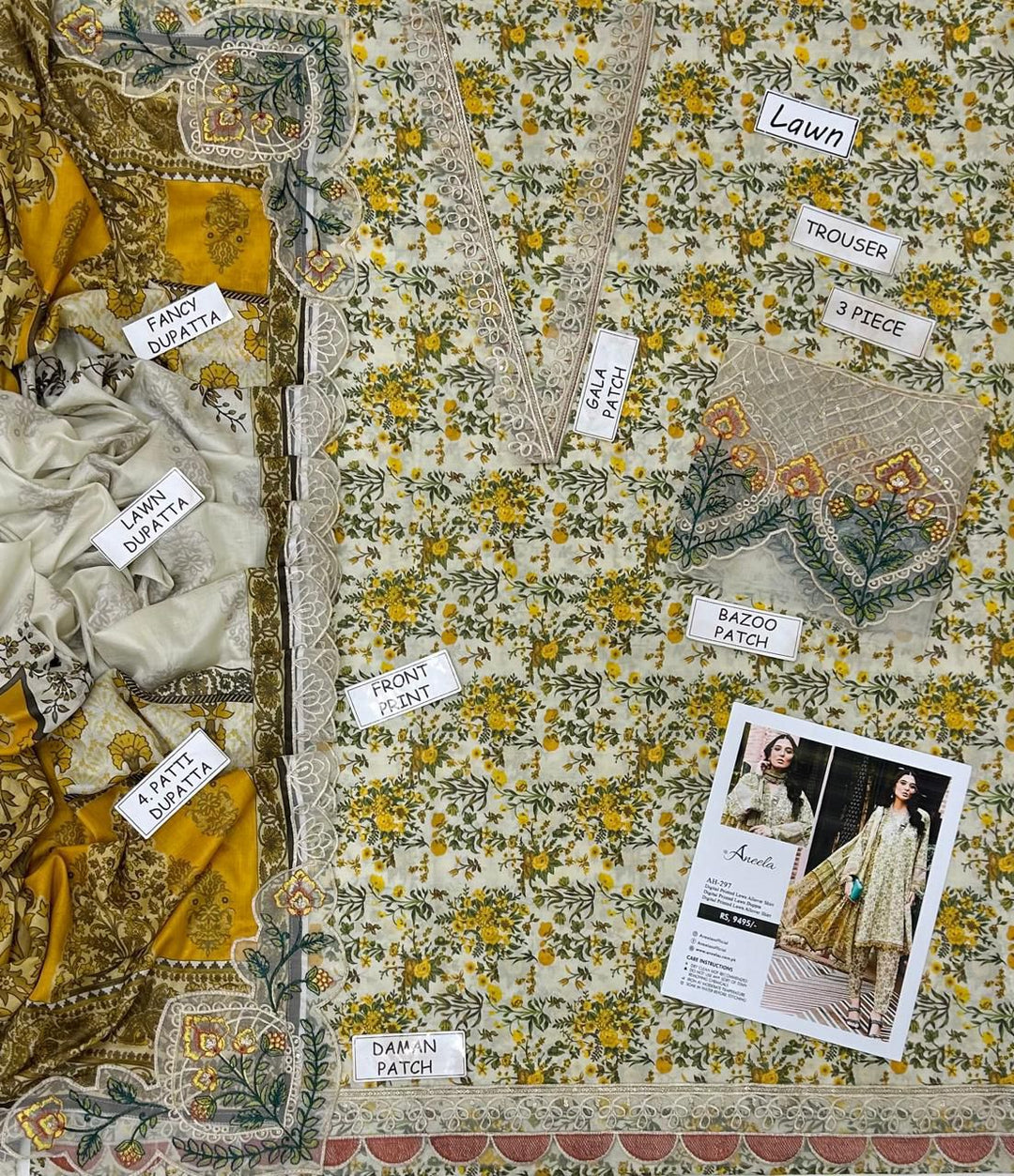 Aneela's Lawn Summer Collection | Cream & Yellow Floral Embroidered 3-Piece Unstitched Suit 🌼💛