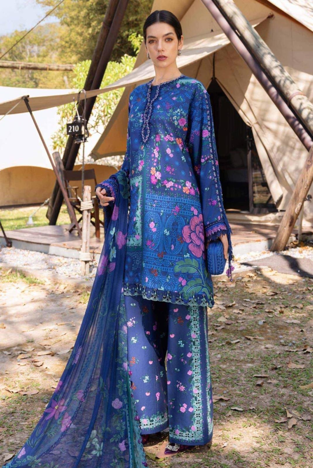 Maria B. Lawn 3 Piece Suit | Navy Blue Floral Print | Fancy Shafoon Dupatta