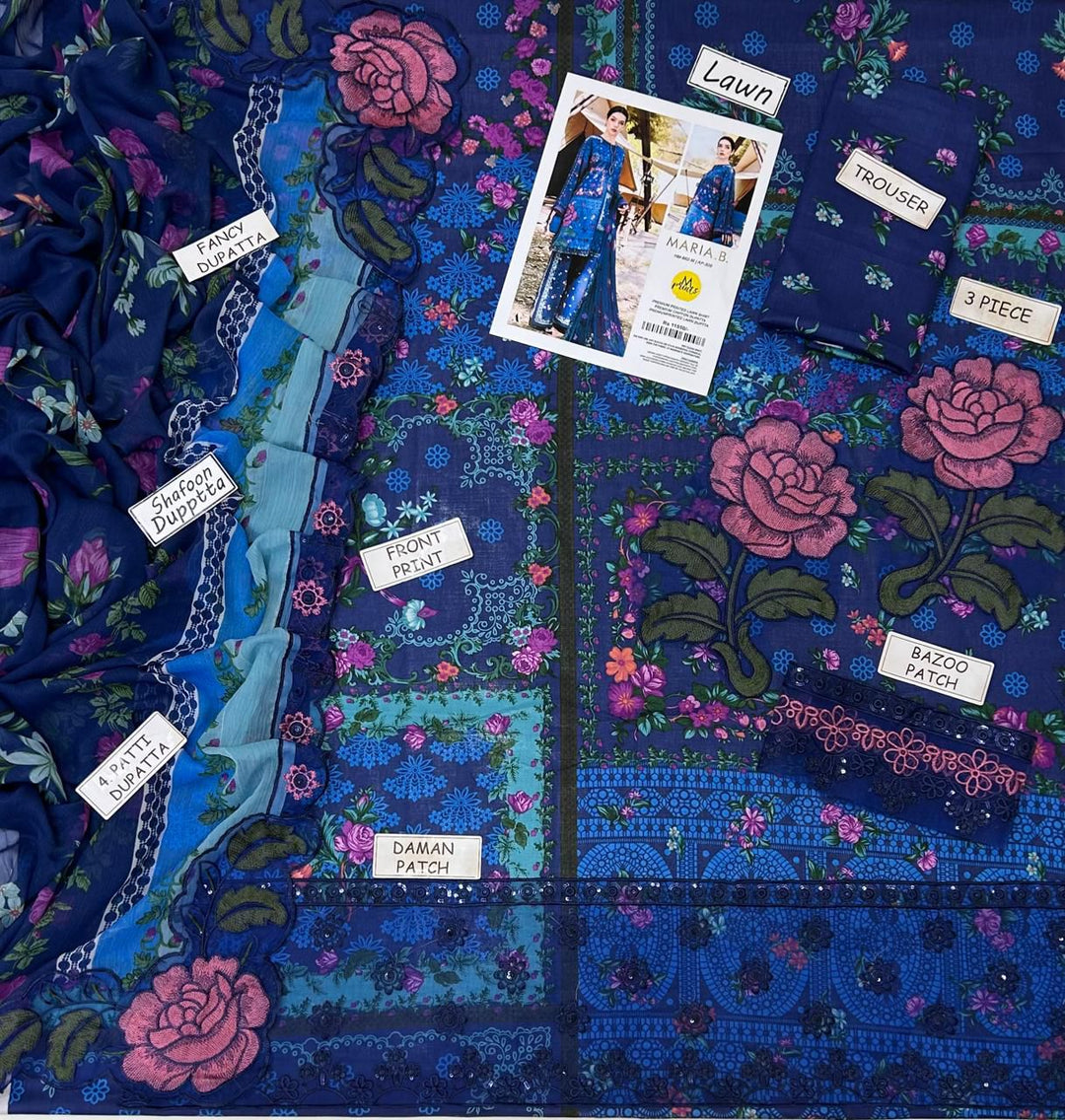 Maria B. Lawn 3 Piece Suit | Navy Blue Floral Print | Fancy Shafoon Dupatta