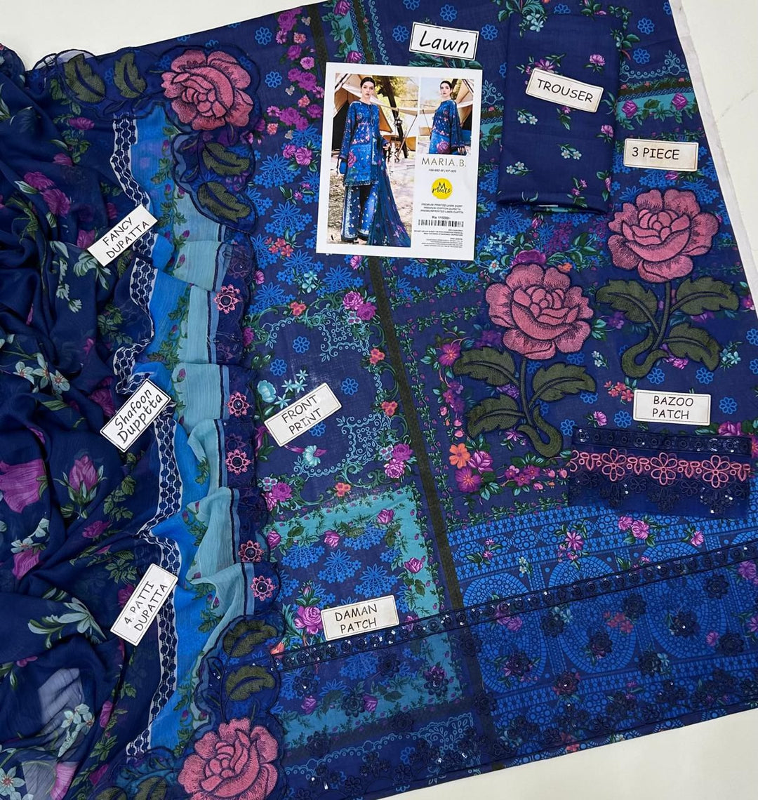 Maria B. Lawn 3 Piece Suit | Navy Blue Floral Print | Fancy Shafoon Dupatta