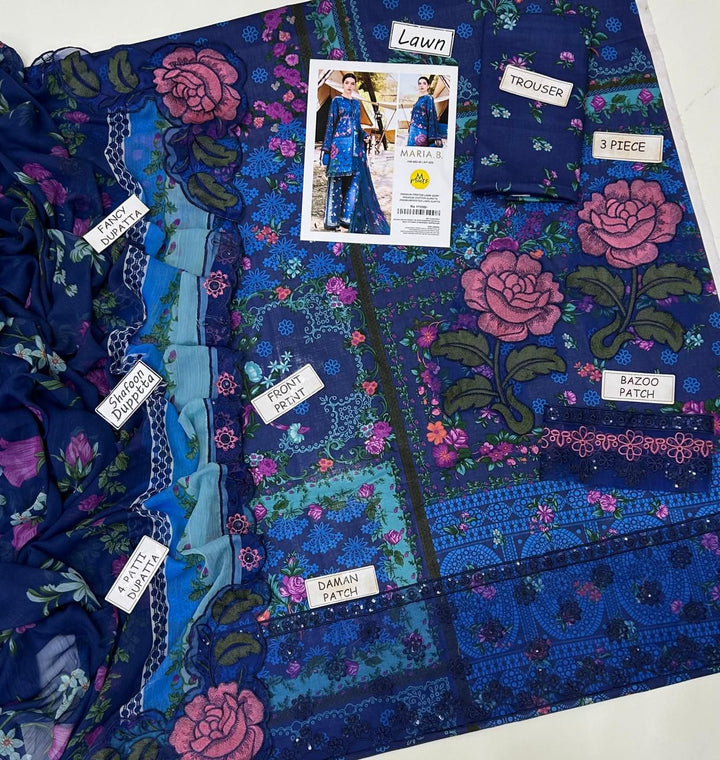 Maria B. Lawn 3 Piece Suit | Navy Blue Floral Print | Fancy Shafoon Dupatta