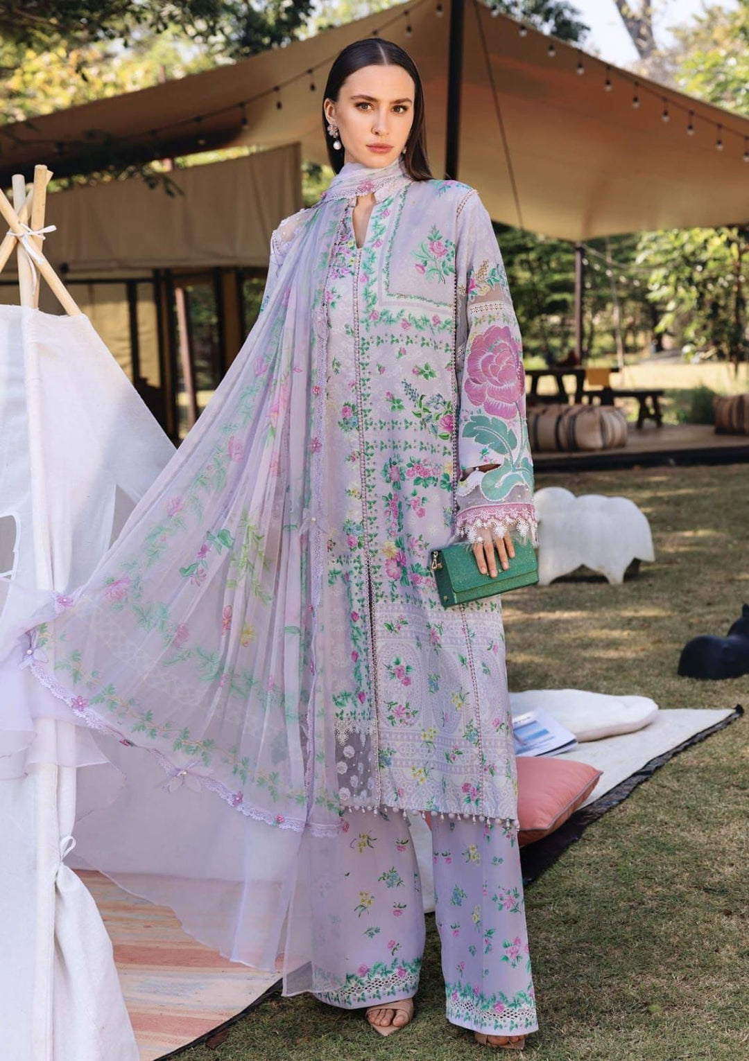 Maria B. Lawn 3 Piece Suit | Lilac Purple Floral Print | Fancy Shafoon Dupatta
