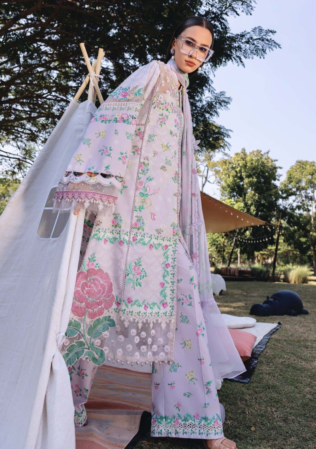 Maria B. Lawn 3 Piece Suit | Lilac Purple Floral Print | Fancy Shafoon Dupatta