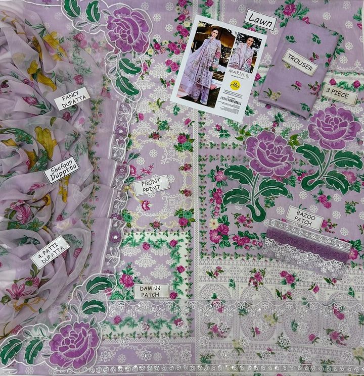 Maria B. Lawn 3 Piece Suit | Lilac Purple Floral Print | Fancy Shafoon Dupatta