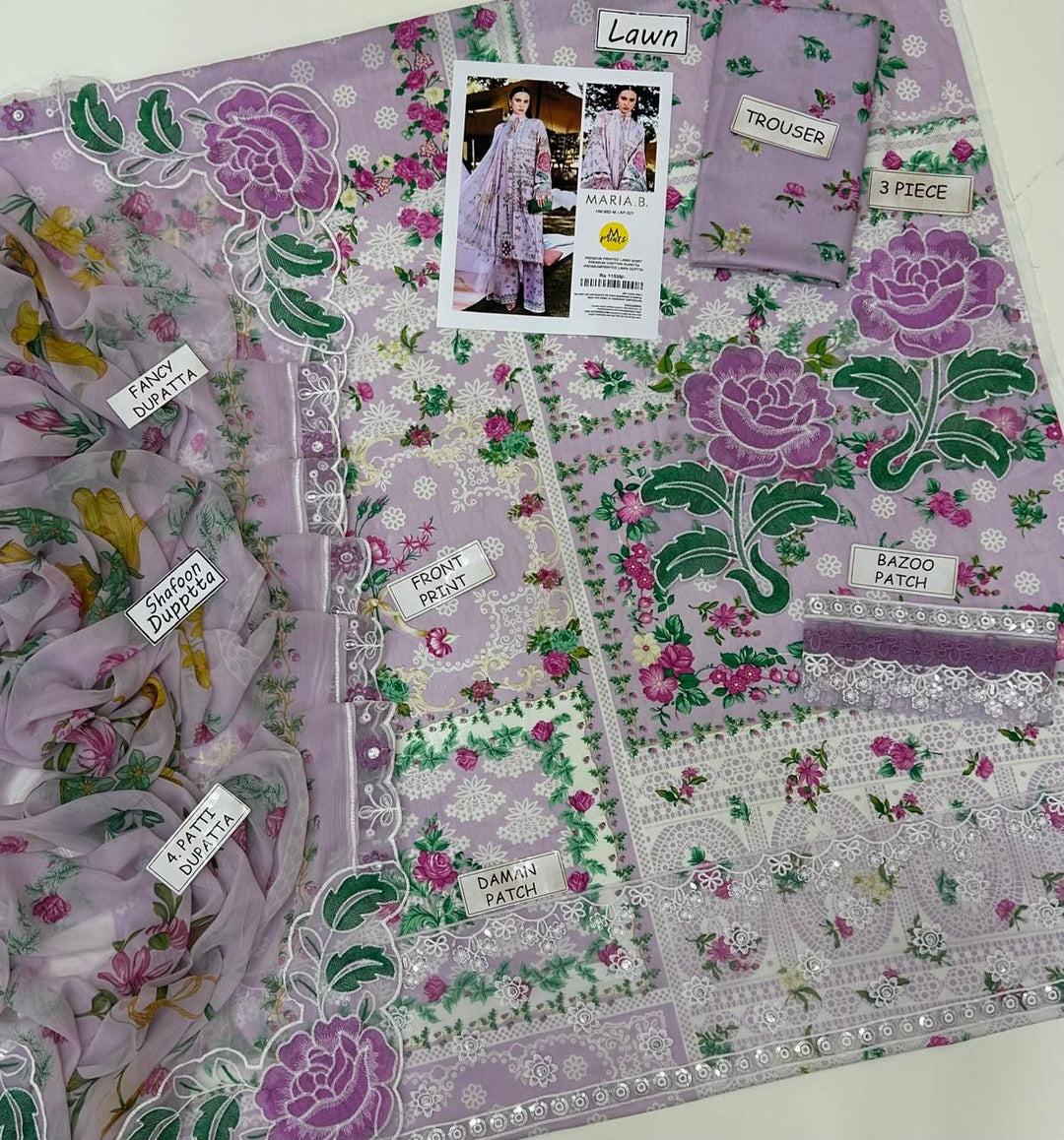 Maria B. Lawn 3 Piece Suit | Lilac Purple Floral Print | Fancy Shafoon Dupatta