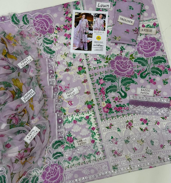 Maria B. Lawn 3 Piece Suit | Lilac Purple Floral Print | Fancy Shafoon Dupatta