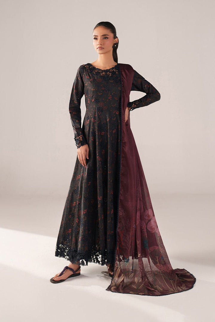 IZNIK Lawn 3 Piece Suit | Black Floral Print | Front Embroidery | Fancy Shafoon Dupatta