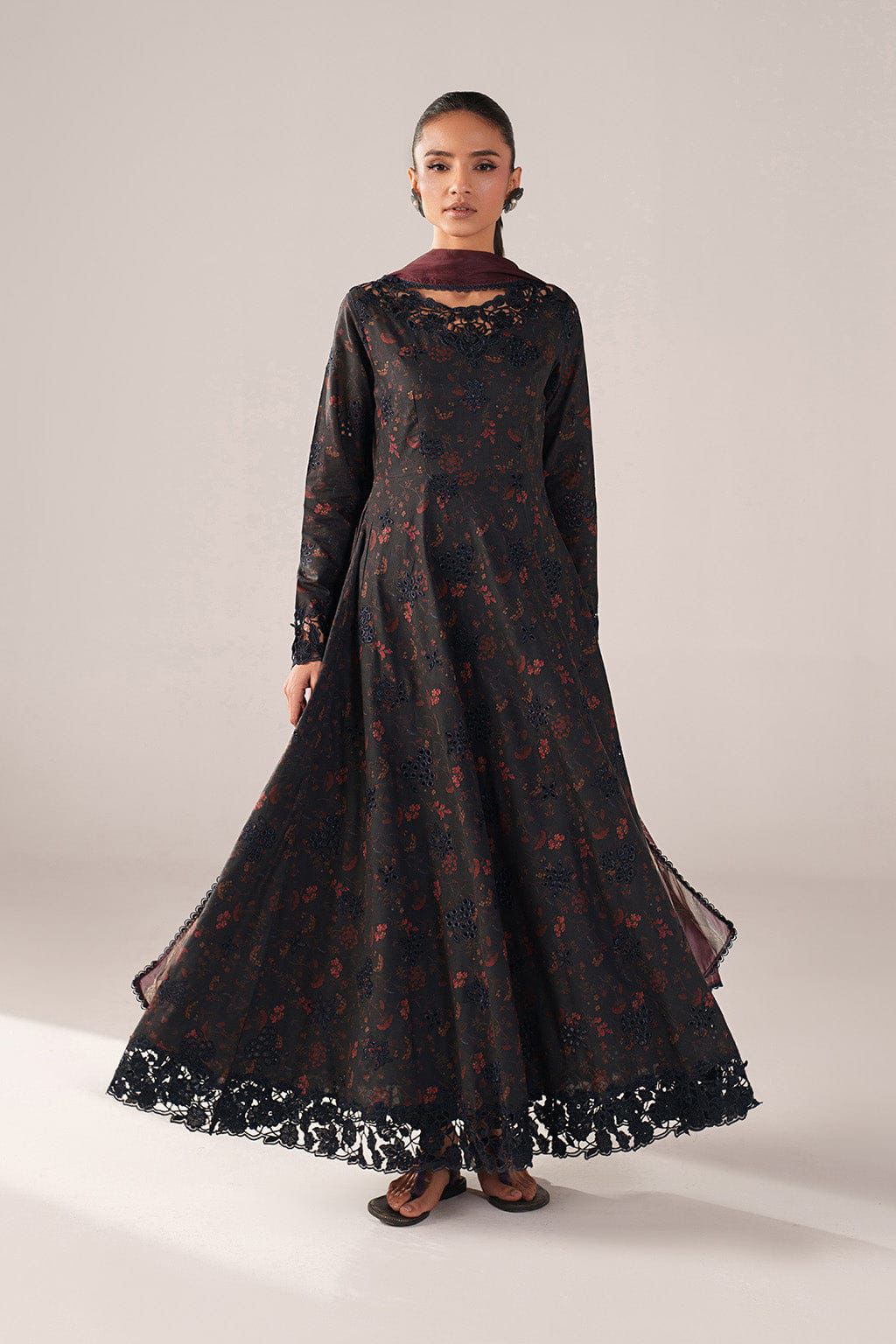 IZNIK Lawn 3 Piece Suit | Black Floral Print | Front Embroidery | Fancy Shafoon Dupatta