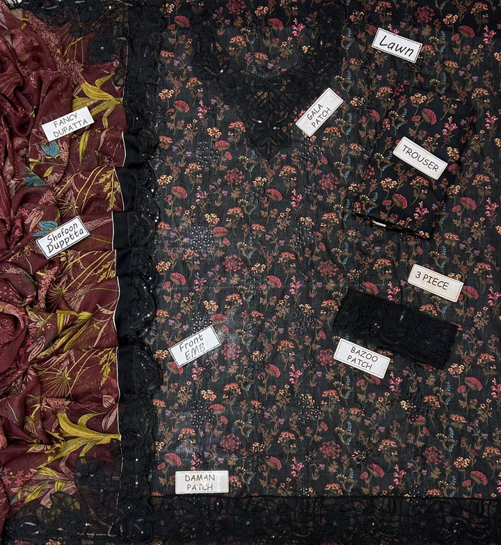 IZNIK Lawn 3 Piece Suit | Black Floral Print | Front Embroidery | Fancy Shafoon Dupatta
