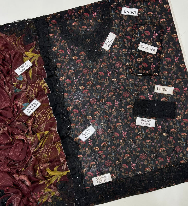 IZNIK Lawn 3 Piece Suit | Black Floral Print | Front Embroidery | Fancy Shafoon Dupatta