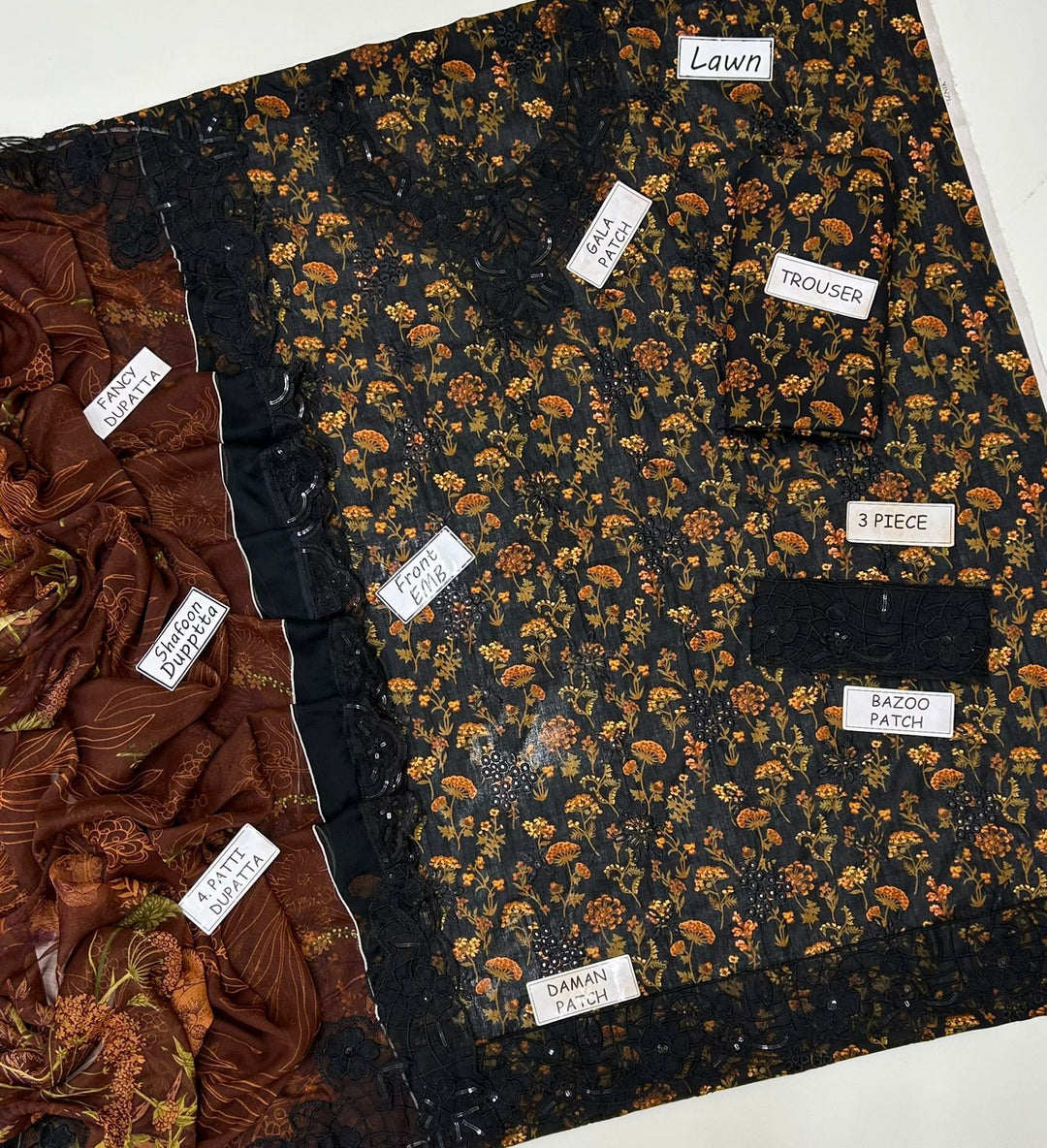 IZNIK Lawn 3 Piece Suit | Black Floral Print | Front Embroidery | Fancy Shafoon Dupatta