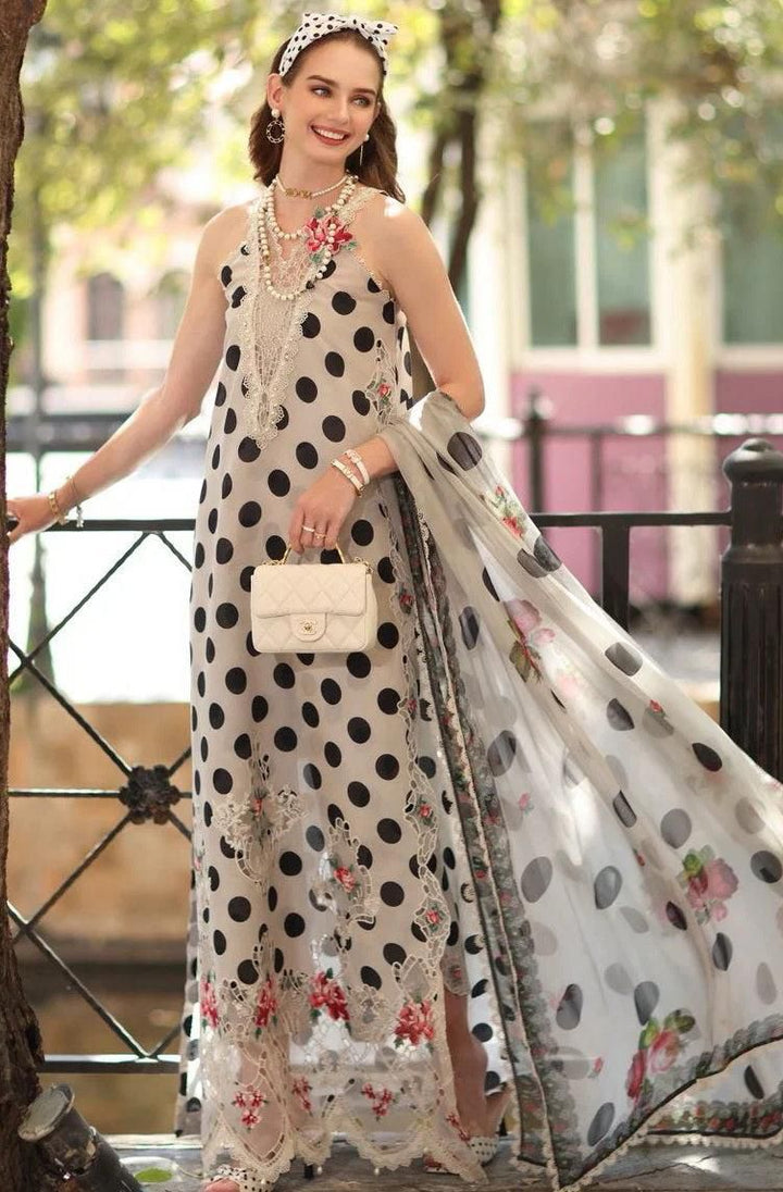 Noor by Sadia Asad Lawn Suit | Beige & Black Polka Dot Print | Shafoon Dupatta