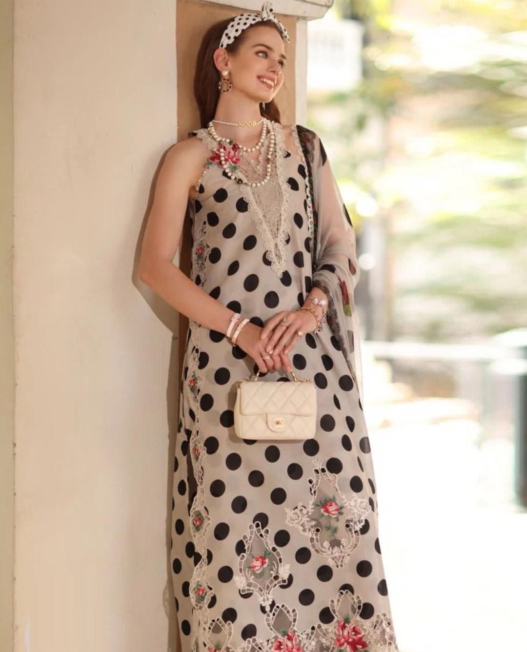 Noor by Sadia Asad Lawn Suit | Beige & Black Polka Dot Print | Shafoon Dupatta