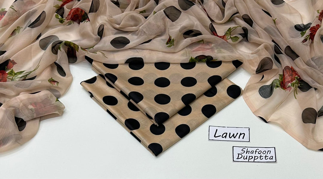 Noor by Sadia Asad Lawn Suit | Beige & Black Polka Dot Print | Shafoon Dupatta
