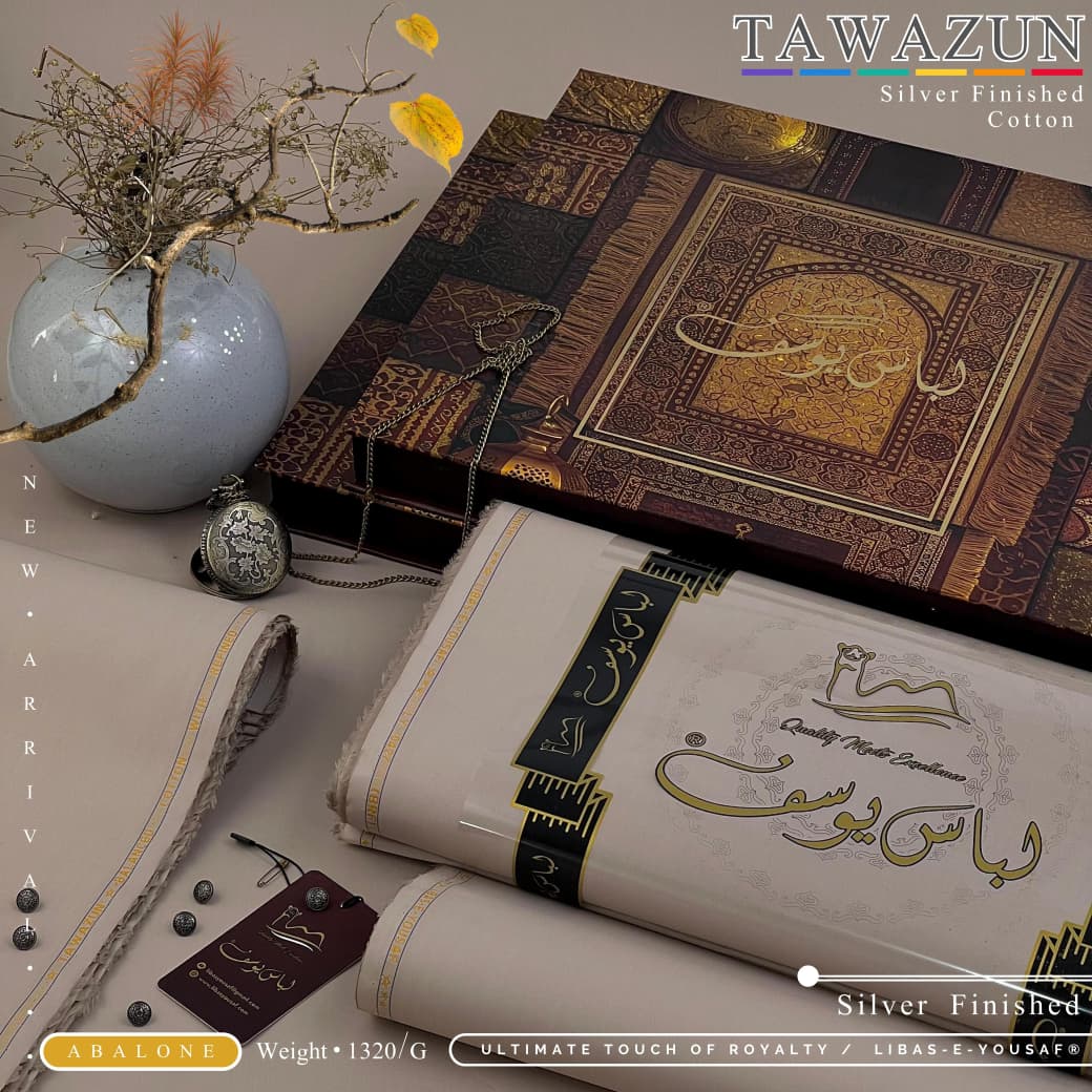 Libas-e-Yousaf | Tawazun Silver Finished Cotton Suit – Abalone | Premium Men's Unstitched Fabric