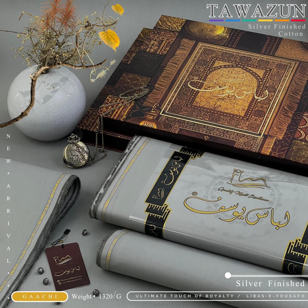 Libas-e-Yousaf | Tawazun Silver Finished Cotton Suit – Abalone | Premium Men's Unstitched Fabric