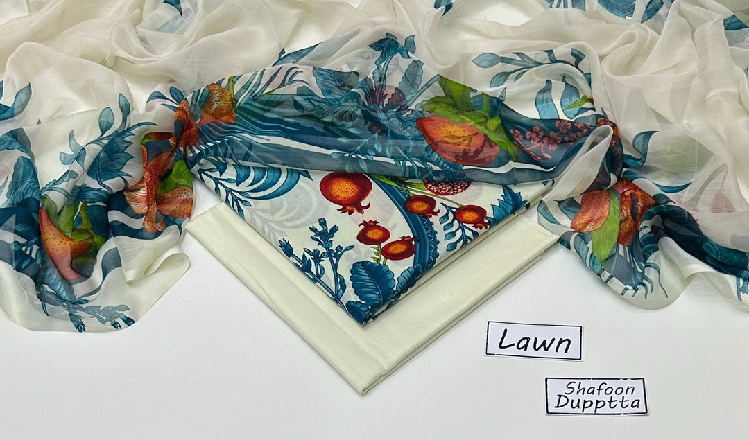 Maria.B M.Prints 3-Piece Lawn Suit | Botanical Pomegranate Print | YA:9080 | Off-White & Teal