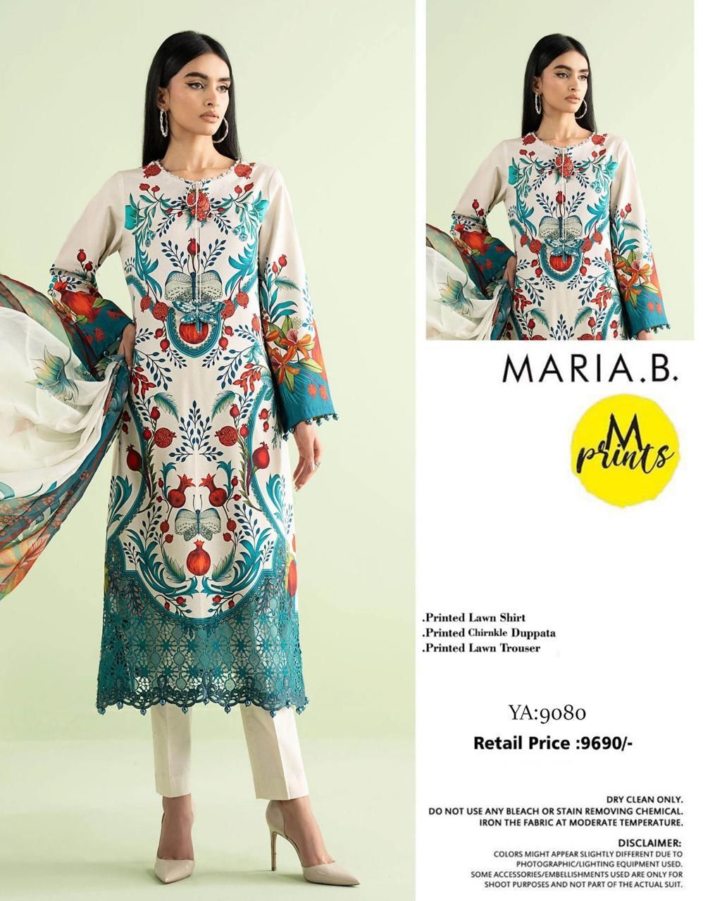 Maria.B M.Prints 3-Piece Lawn Suit | Botanical Pomegranate Print | YA:9080 | Off-White & Teal