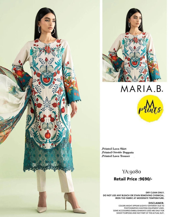 Maria.B M.Prints 3-Piece Lawn Suit | Botanical Pomegranate Print | YA:9080 | Off-White & Teal