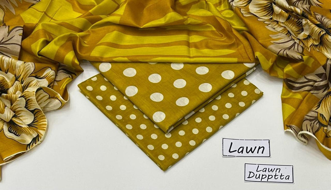✨ Baroque Printed Collection – Mustard Polka Dot 3-Piece Lawn Suit