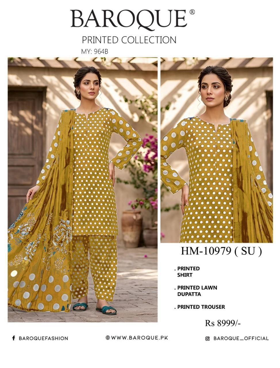✨ Baroque Printed Collection – Mustard Polka Dot 3-Piece Lawn Suit