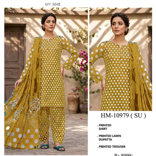 ✨ Baroque Printed Collection – Mustard Polka Dot 3-Piece Lawn Suit