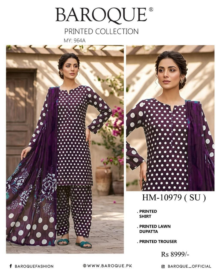 Baroque Printed Collection 3-Piece Lawn Suit | Purple Polka Dot | HM-10979 (SU) | MY: 964A