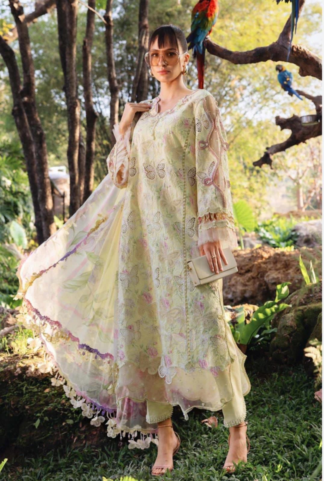 Luxury Lawn 3-Piece | Chikankari Emb Butterfly Print | Soft Yellow Floral Collection
